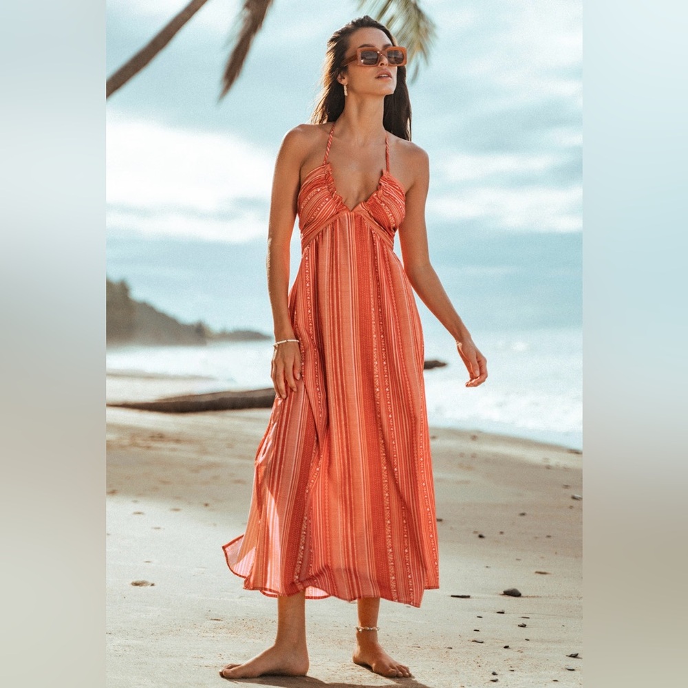 Cupshe Coral-Orange Striped Halter Maxi Dress